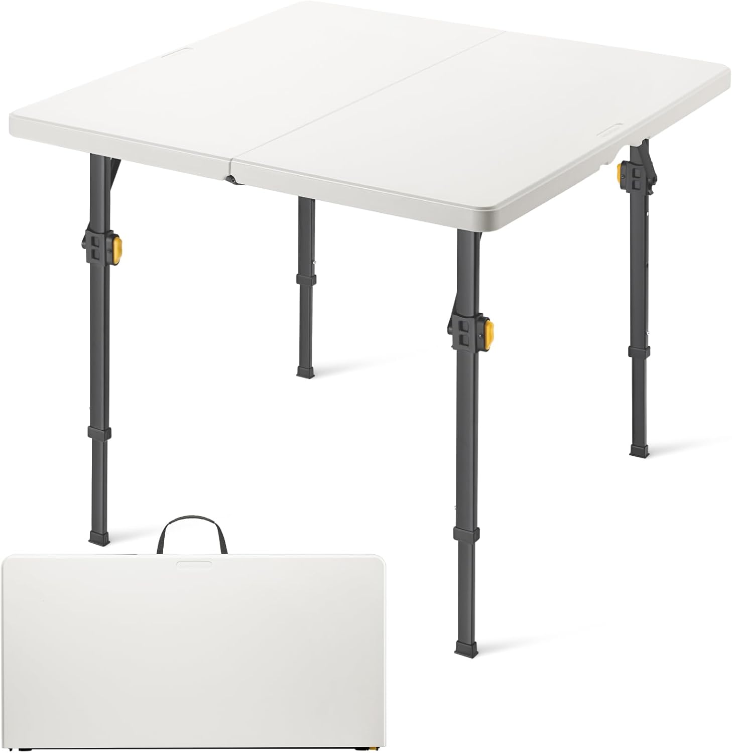 34" Square Folding Card Table, Two Heights Adjustable, Max Load 200 lbs, Portable Table with Lock Button, for Indoor/Outdoor, Home, Parties, Picnics, Puzzle, White
