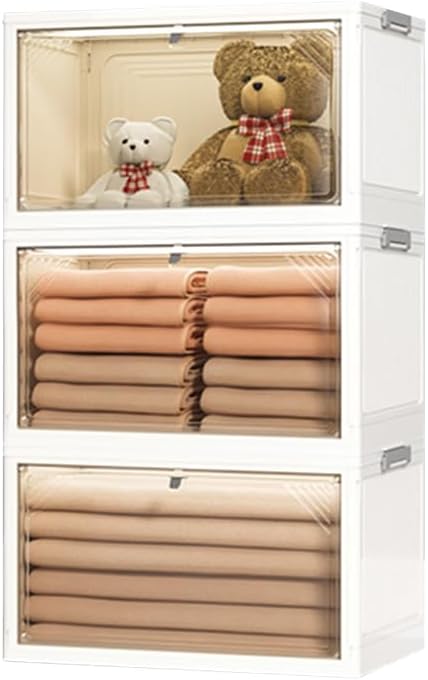 Foldable Plastic Storage Boxes, High Capacity Storage Boxes with Lid, Stackable Storage Organiser, Durable Grocery Storage, for Bedroom, Living Room, Wardrobe, Office