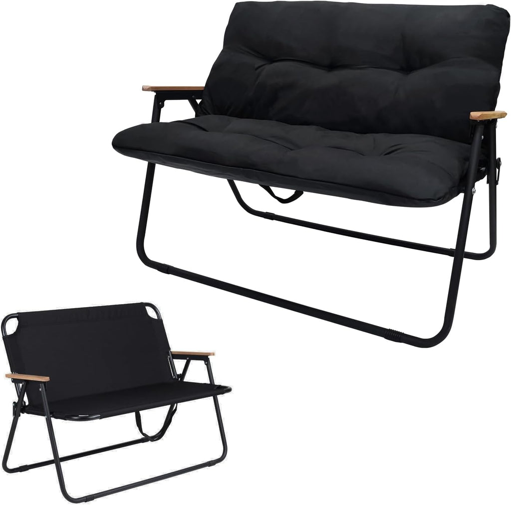 Loveseat Camping Chair with Detachable Cushion, Folding Double Camping Chair with Armrests for Outdoor Fishing Travel Lawn Patio (Black)