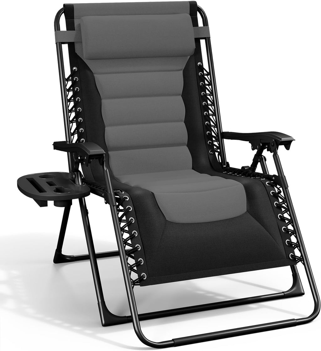 Outdoor Padded Zero Gravity Chair, Patio Lounge Chair Outdoor Recliner, Oversized Anti Gravity Lounger with Adjustable Headrest and Cup Holder, Foldable for Camping, Yard - Black/Grey
