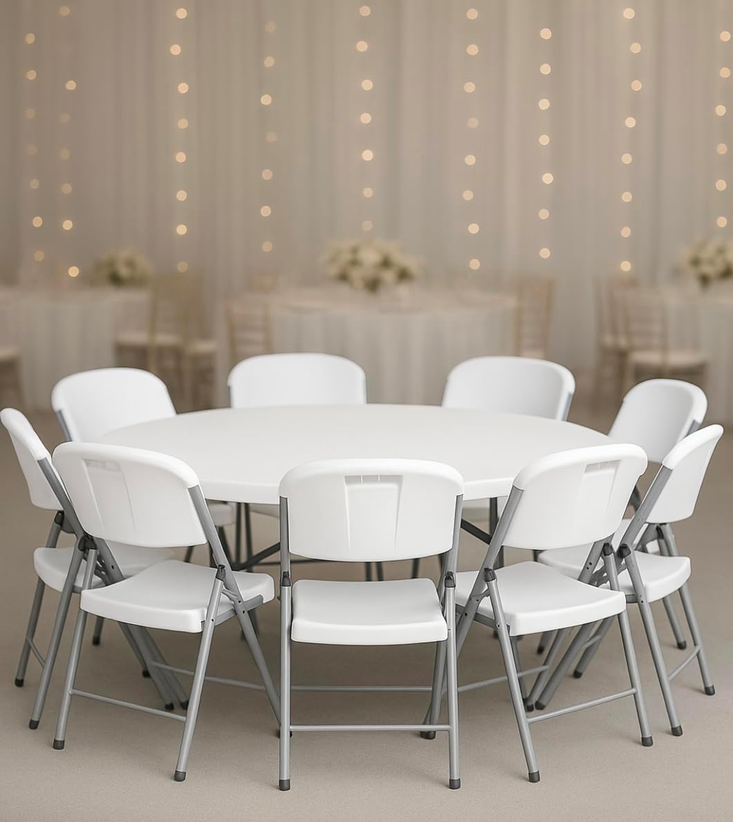 Round Granite White Folding Table Set with 4 Folding Chairs, Heavy-Duty Blow Molded Plastic, Multiple Sizes (48" Table + 4 Chairs Set)