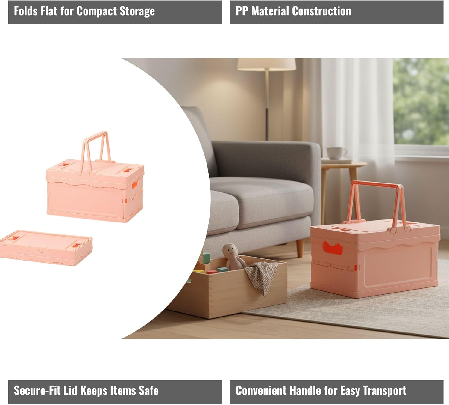 Foldable Storage Box with Handle - foldable Design for Space Saving Organization, Portable & PP Construction