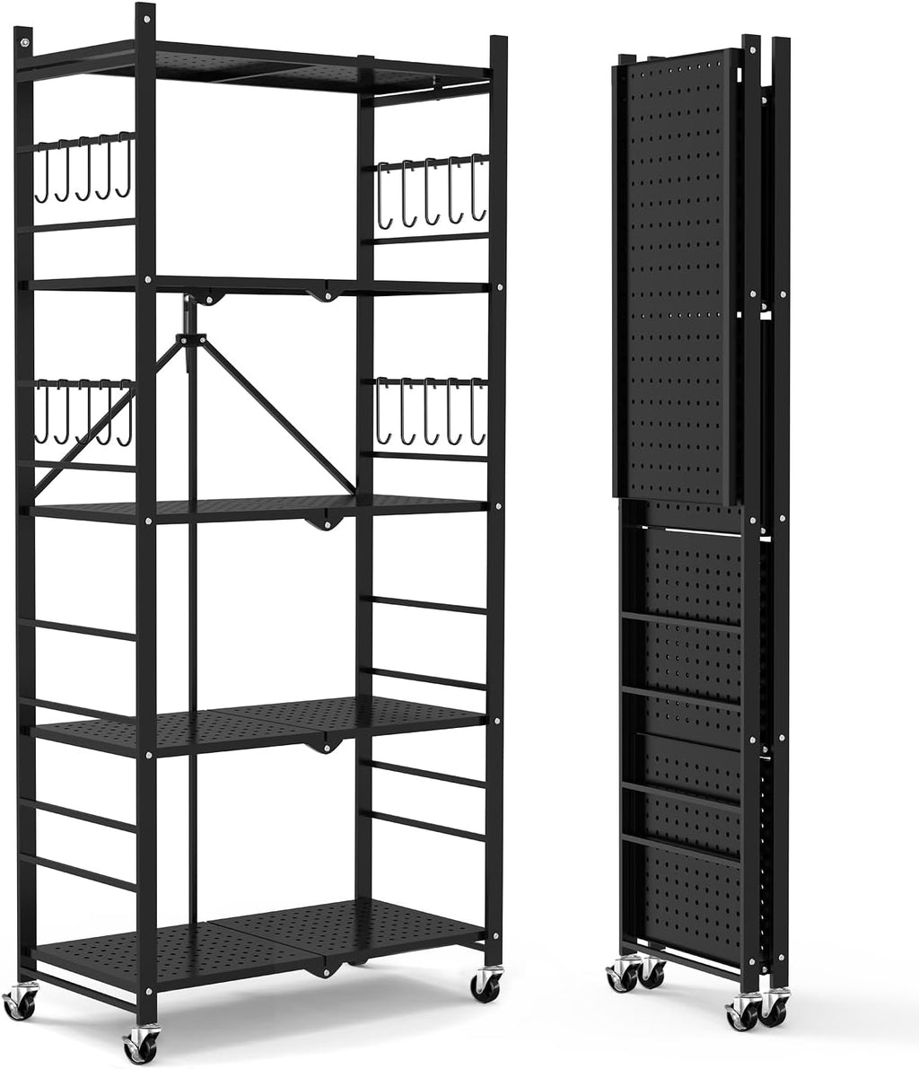 Storage Shelves with 20 Hooks, 5-Tier Collapsible Organization Storage Rack Bookshelf Folding Pantry Shelves Cube Shelf Wire Shelving Holds 440 Ibs for Garage Kitchen Room, Black