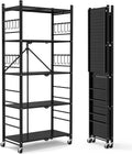 Storage Shelves with 20 Hooks, 5-Tier Collapsible Organization Storage Rack Bookshelf Folding Pantry Shelves Cube Shelf Wire Shelving Holds 440 Ibs for Garage Kitchen Room, Black