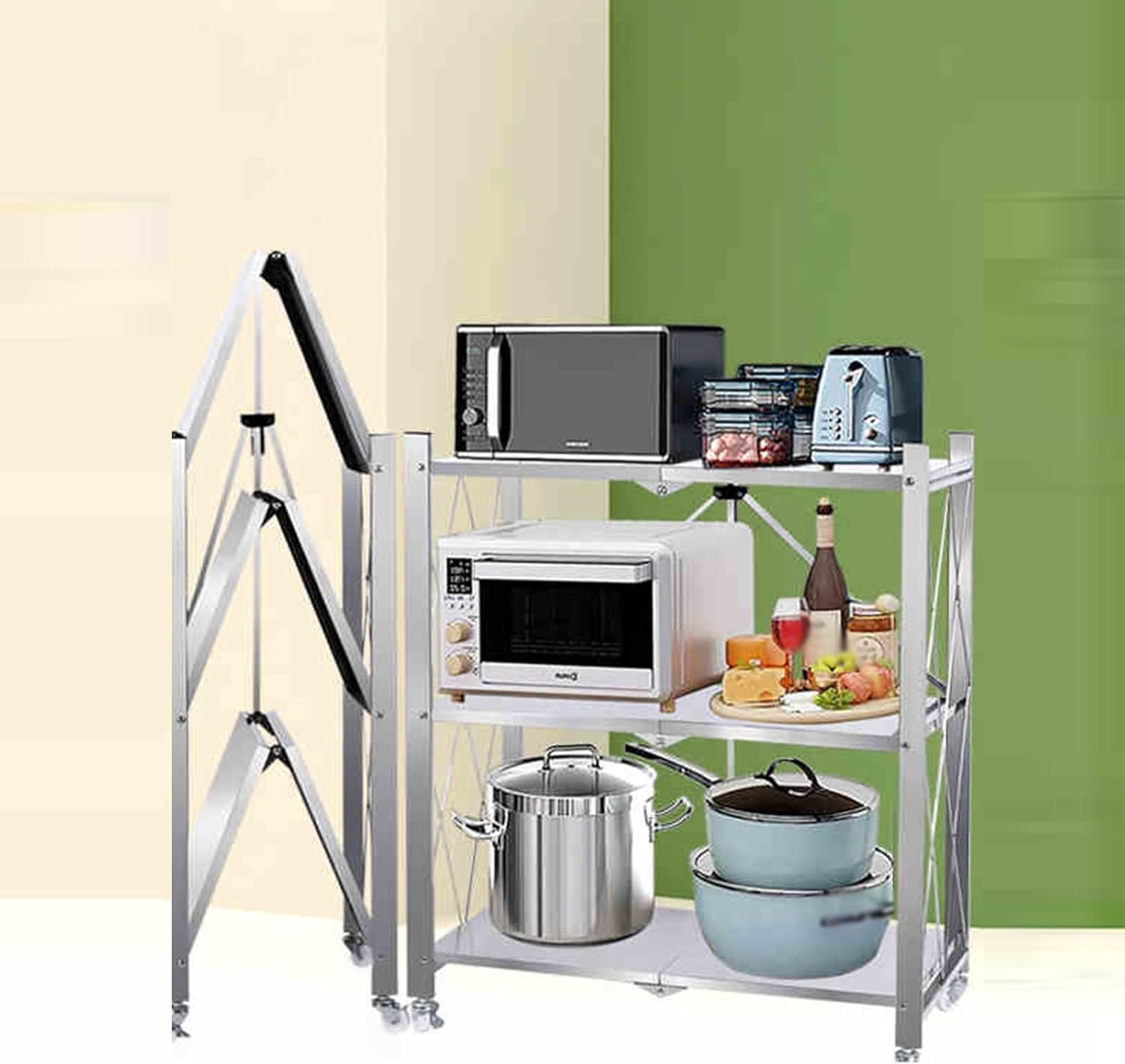 Folding Storage Rack Installation,Multi-Layer Stainless Steel Rack Household Use,Removable Trolley,for Living Room Bathroom(71x34x88cm)