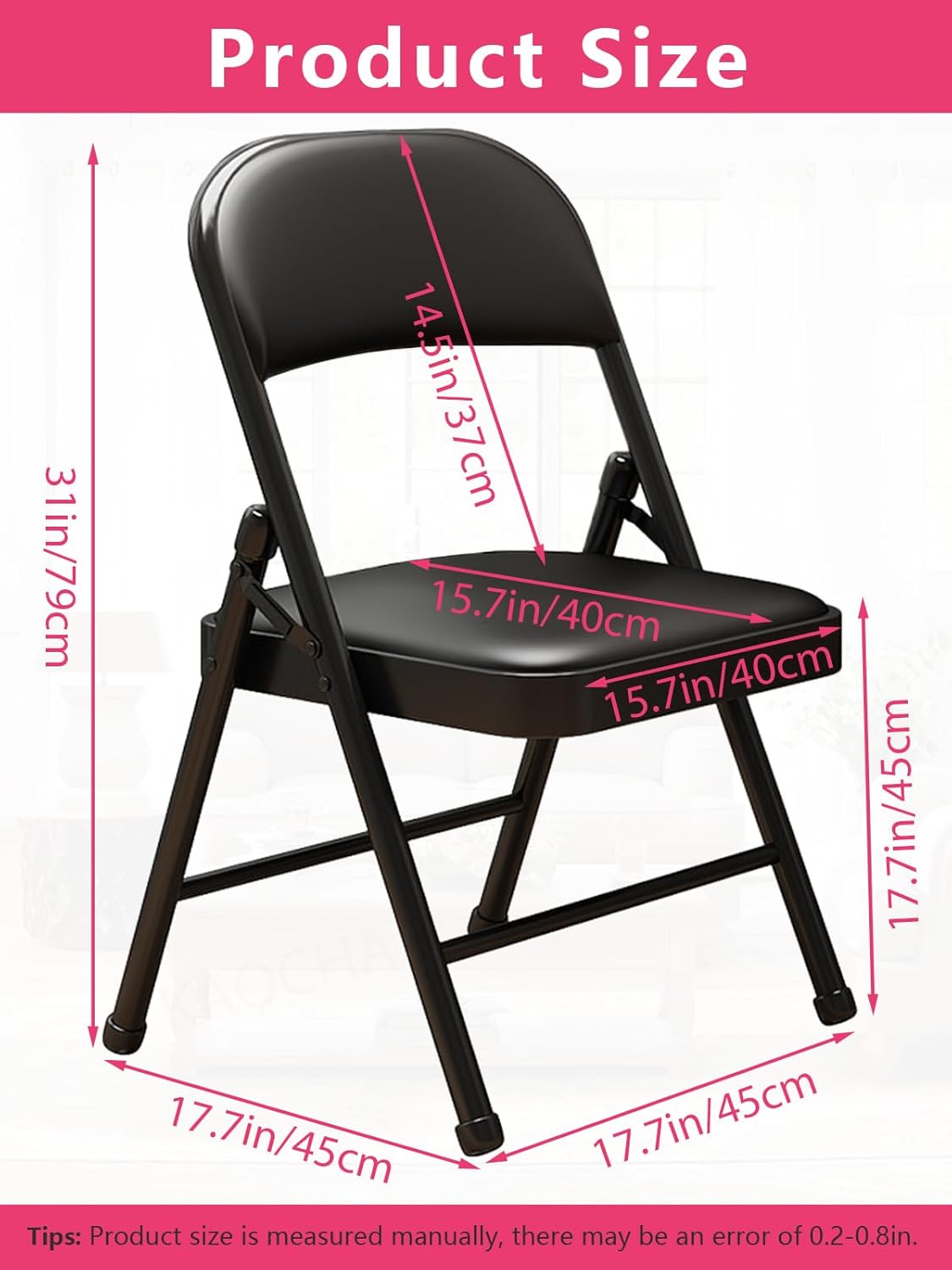 Black Padded Folding Chairs with Cushion 4 Pack, Heavy Duty Steel Metal Frame Foldable Chair for Indoor and Outdoor, Portable Stackable Commercial Seat for Bedroom Patio Party Event