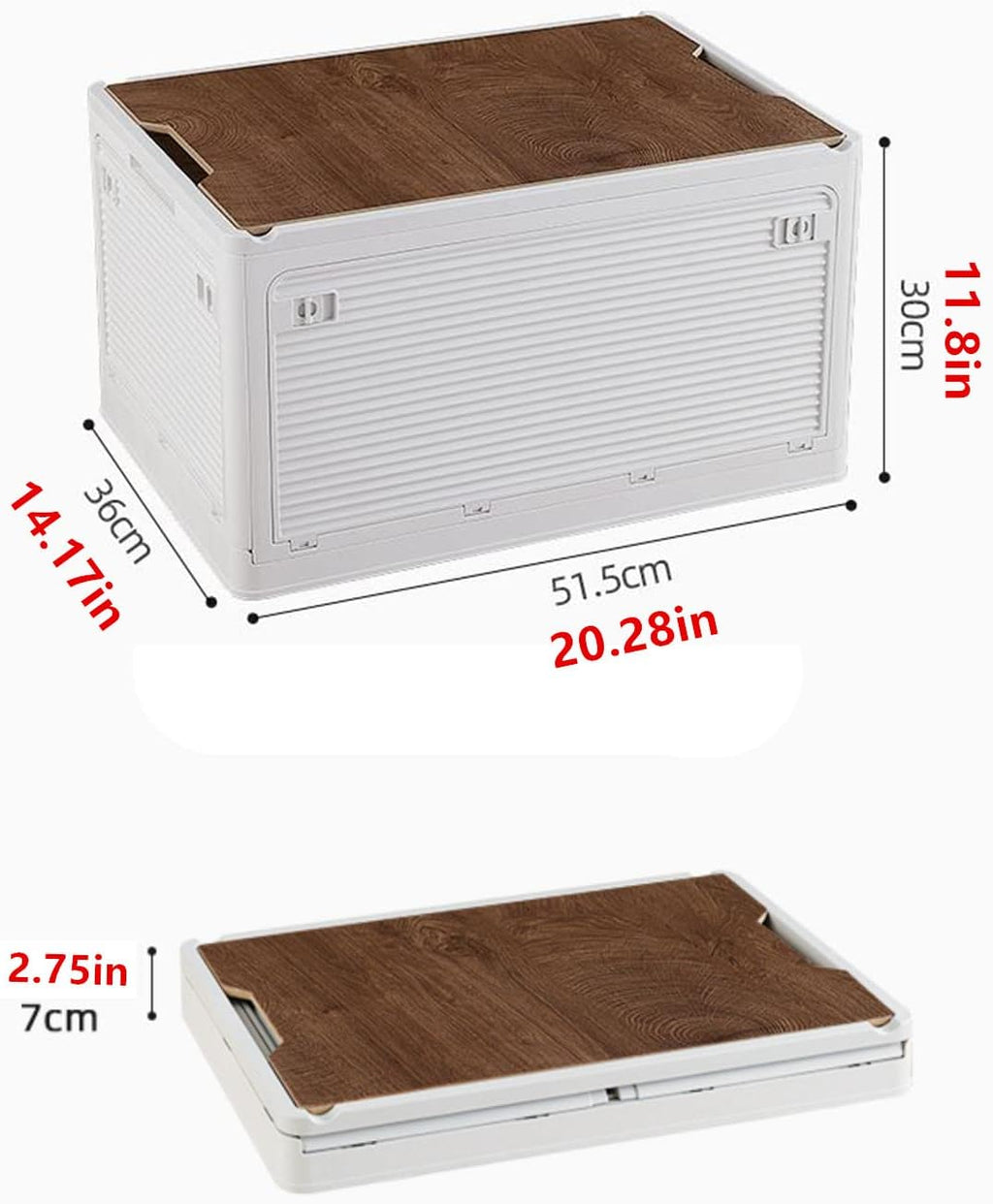 Foldable Storage Bins with Wood Lids Plastic Collapsible Storage Box with Cutting Board Portable Stackable Grocery Container Folding Latching Storage Crate with Removable Pulley (L, White)