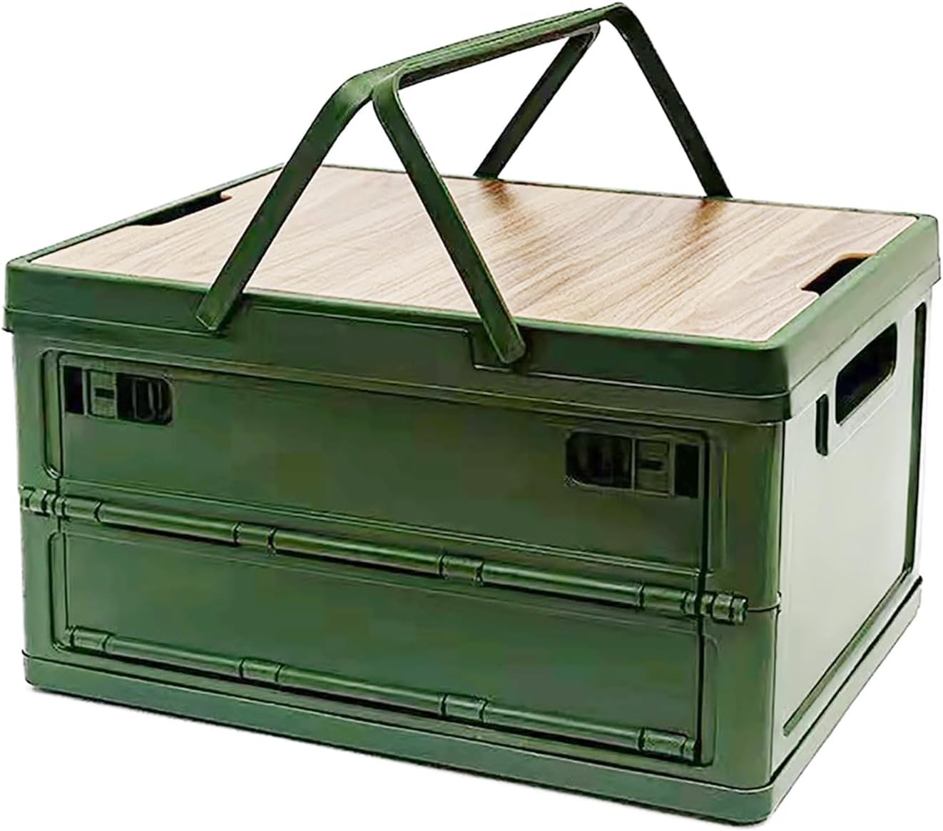 Foldable Storage Box with Wood-Pattern Lid — Fashionable and lightweight PP base, ideal for camping, daily items, snacks, clothing storage, A space-saving organizer with handles.