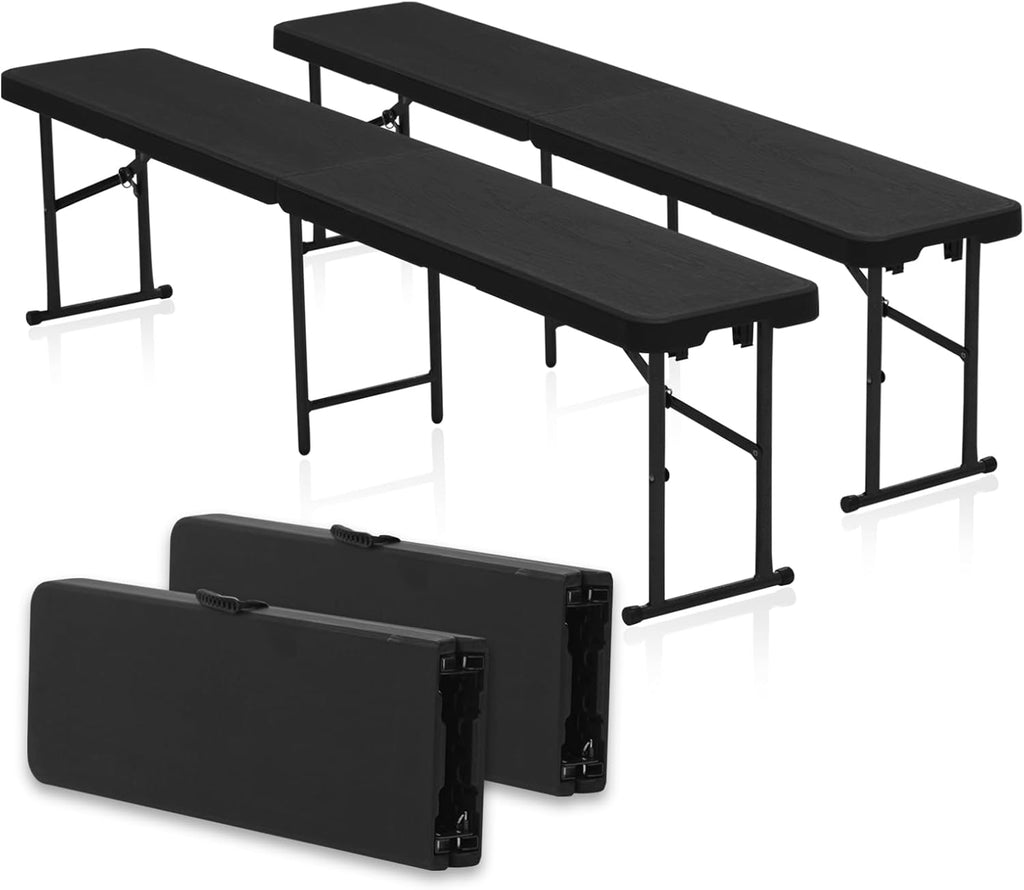 2 Pack 6 Foot Portable Plastic Folding Bench 6FT 72" Half Foldable Heavy Duty Seat w/Carry Handle - Indoor Outdoor Backyard Camping Picnic BBQ Party Wedding Dining Event Meeting Black