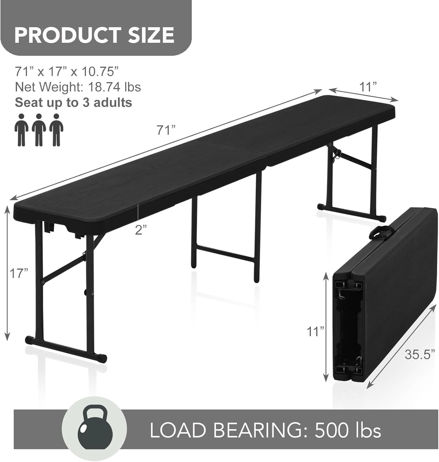 2 Pack 6 Foot Portable Plastic Folding Bench 6FT 72" Half Foldable Heavy Duty Seat w/Carry Handle - Indoor Outdoor Backyard Camping Picnic BBQ Party Wedding Dining Event Meeting Black