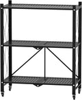 3-5 Tiers Foldable Storage Shelves with Wheels, Expandable Folding Bookshelf & Collapsible Metal Rack for Kitchen, Pantry, Garage & Home Organization Black Triple Layer