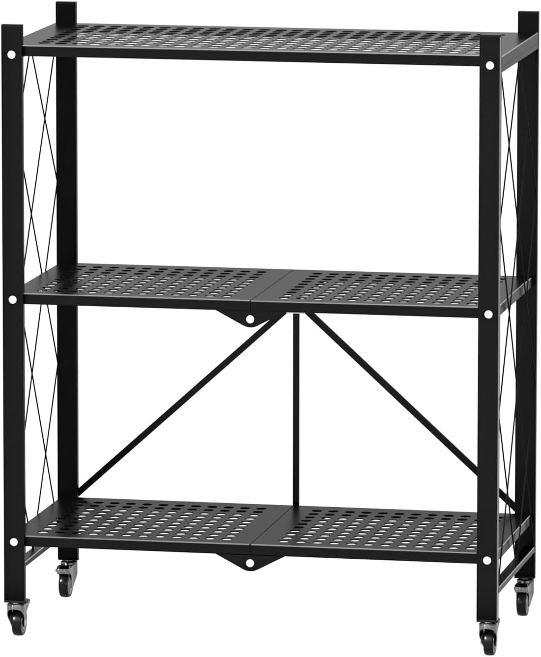 3-5 Tiers Foldable Storage Shelves with Wheels, Expandable Folding Bookshelf & Collapsible Metal Rack for Kitchen, Pantry, Garage & Home Organization Black Triple Layer