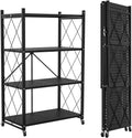 4-Tier Foldable Storage Shelf with Wheels - Metal Rack Collapsible Shelving Unit Display, Rolling Cart for Books Kitchen Storage Shelves, Pantry & Closet Organizer, Office Room Decor