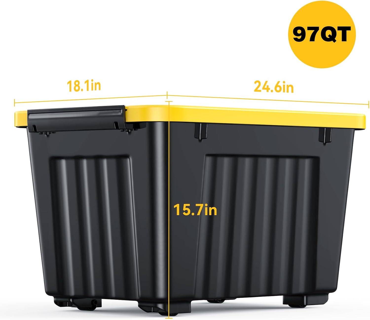 97 Quart Plastic Storage Bin, Stackable and Nestable Storage Boxes with Yellow Lids and Secure Latching Buckles, Large Storage Container (Black/Yellow, 97Quart-4Pack)