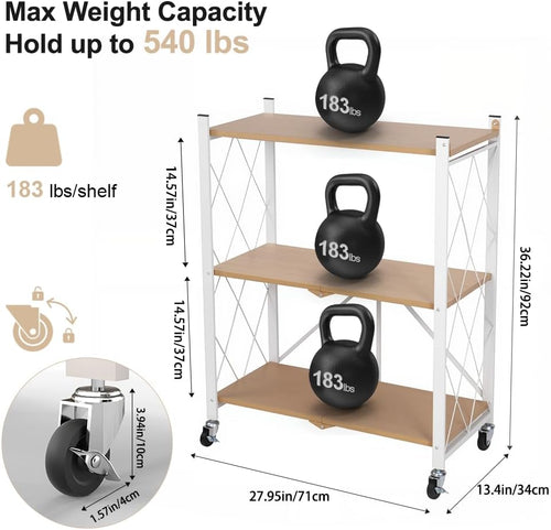 3-Tier Metal Storage Rack with Wheels, Folding Metal Rack Shelving Unit, Rolling Cart for Books Kitchen Storage Shelves, Pantry & Closet Organizer, Office Room Decor