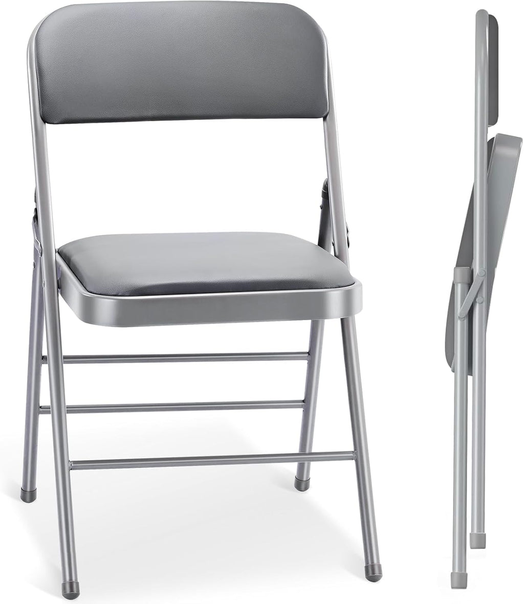 2 Pack Folding Chairs with PU Padded Cushion and Back, Commercial Grade Metal Chairs with Comfortable PU Leather Cushion for Home and Office, for Indoor and Outdoor Events (2, Gray-PU)
