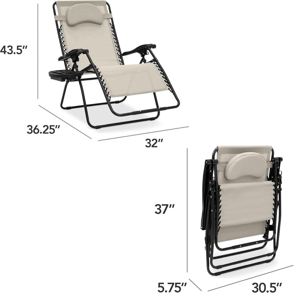 Oversized Zero Gravity Chair, Folding Outdoor Patio Lounge Recliner w/Cup Holder Accessory Tray, Pillow - Ivory
