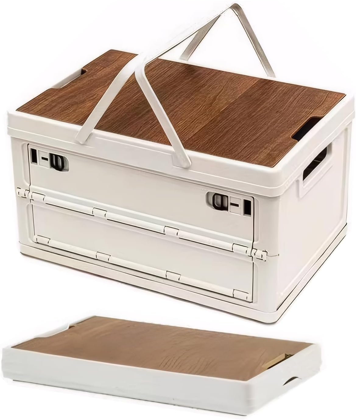 Foldable Storage Box with Wood-Pattern Lid — Fashionable and lightweight PP base, ideal for camping, daily items, snacks, clothing storage, A space-saving organizer with handles. (White, Large)