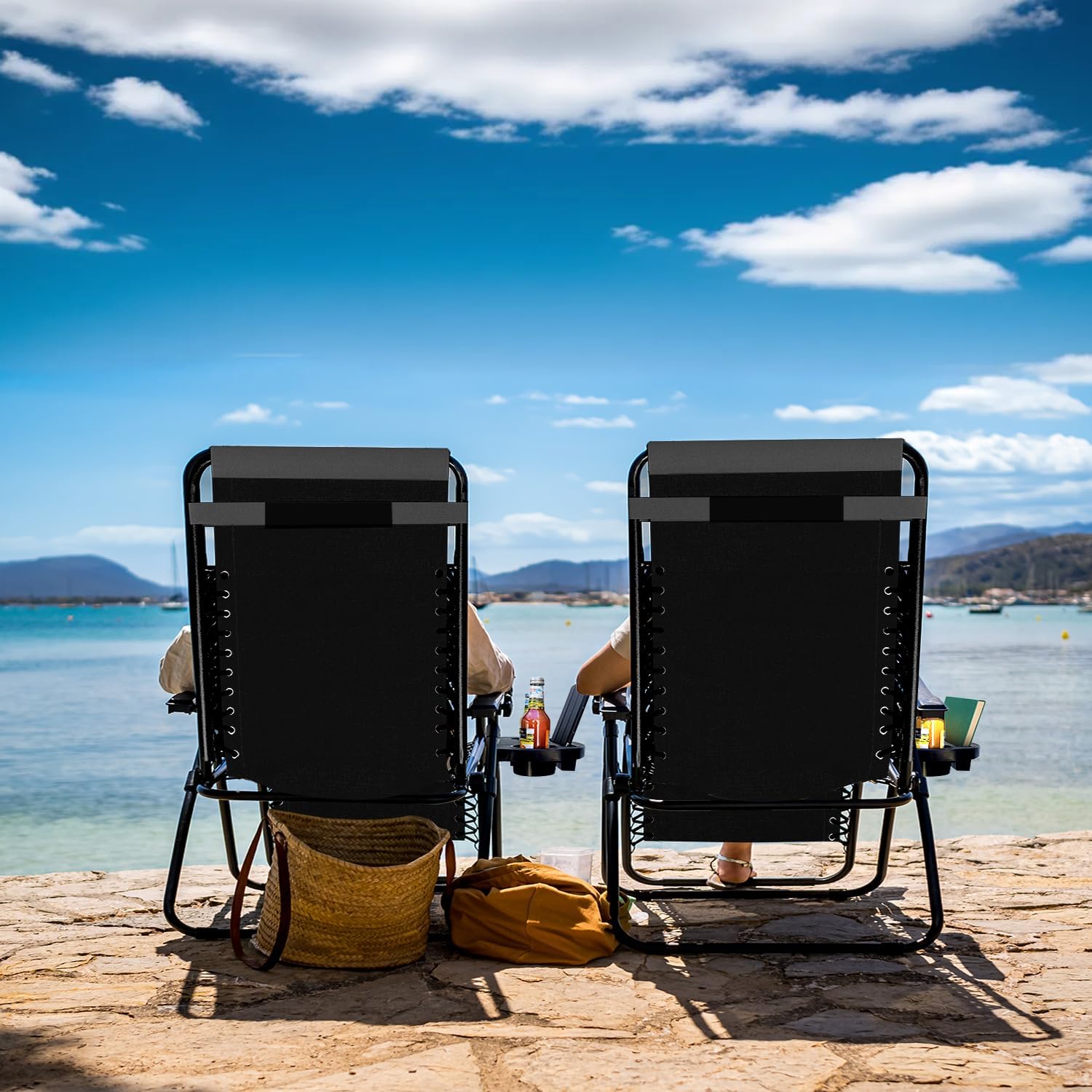 Outdoor Padded Zero Gravity Chair, Patio Lounge Chair Outdoor Recliner, Oversized Anti Gravity Lounger with Adjustable Headrest and Cup Holder, Foldable for Camping, Yard - Black/Grey