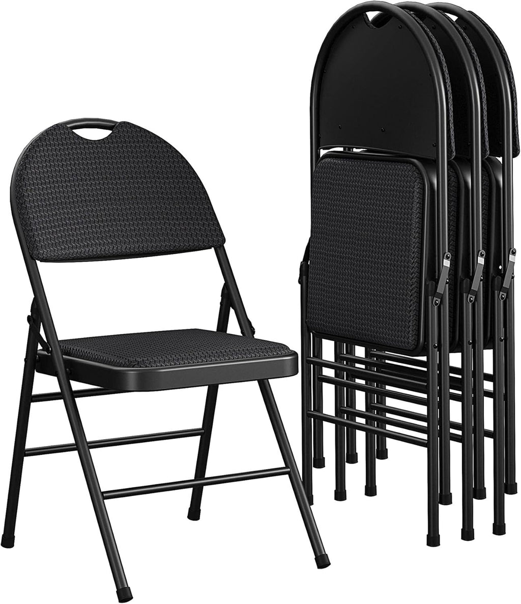 Commercial XL Comfort Fabric Padded Metal Folding Chair with Contoured Seat Back,  lb. Weight Rating, Triple Braced, Black, 4-Pack