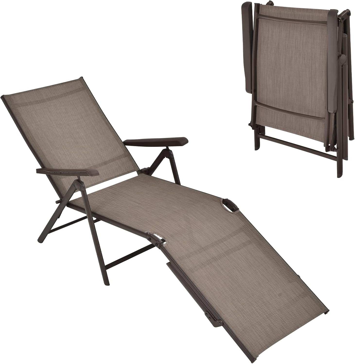 Folding Lounge Chair Outdoor, Recliner Chaise Lounge with 5-Position Adjustable Backrest & 2-Position Footrest, No Assembly Required, Suitable for Patio Poolside Beach Yard (1, Brown)
