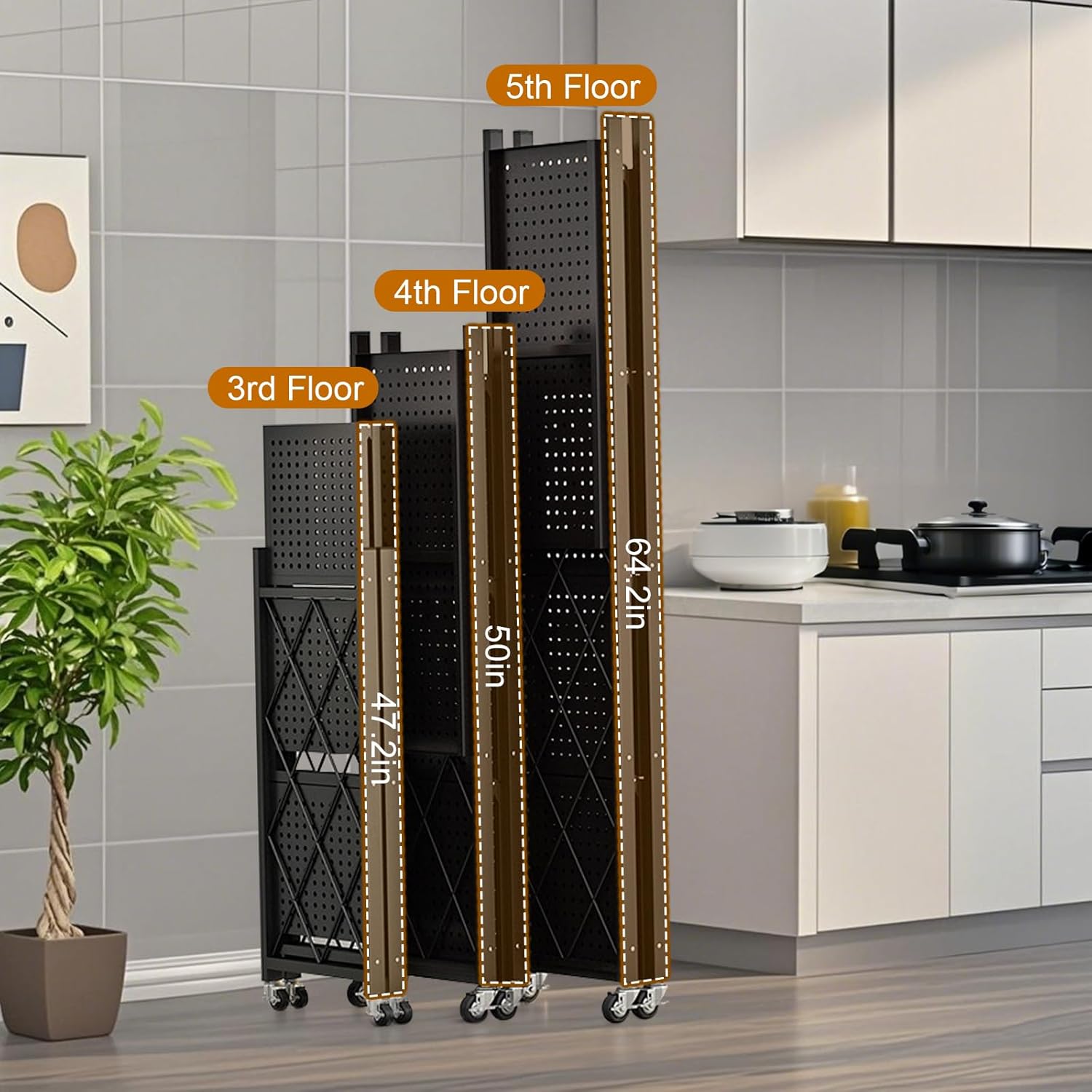 Folding Shelves Metal Storage Rack Multi-Layer Free Installation Floor-Standing with Wheels Collapsible Shelf Kitchen Living Room Bedroom Bathroom