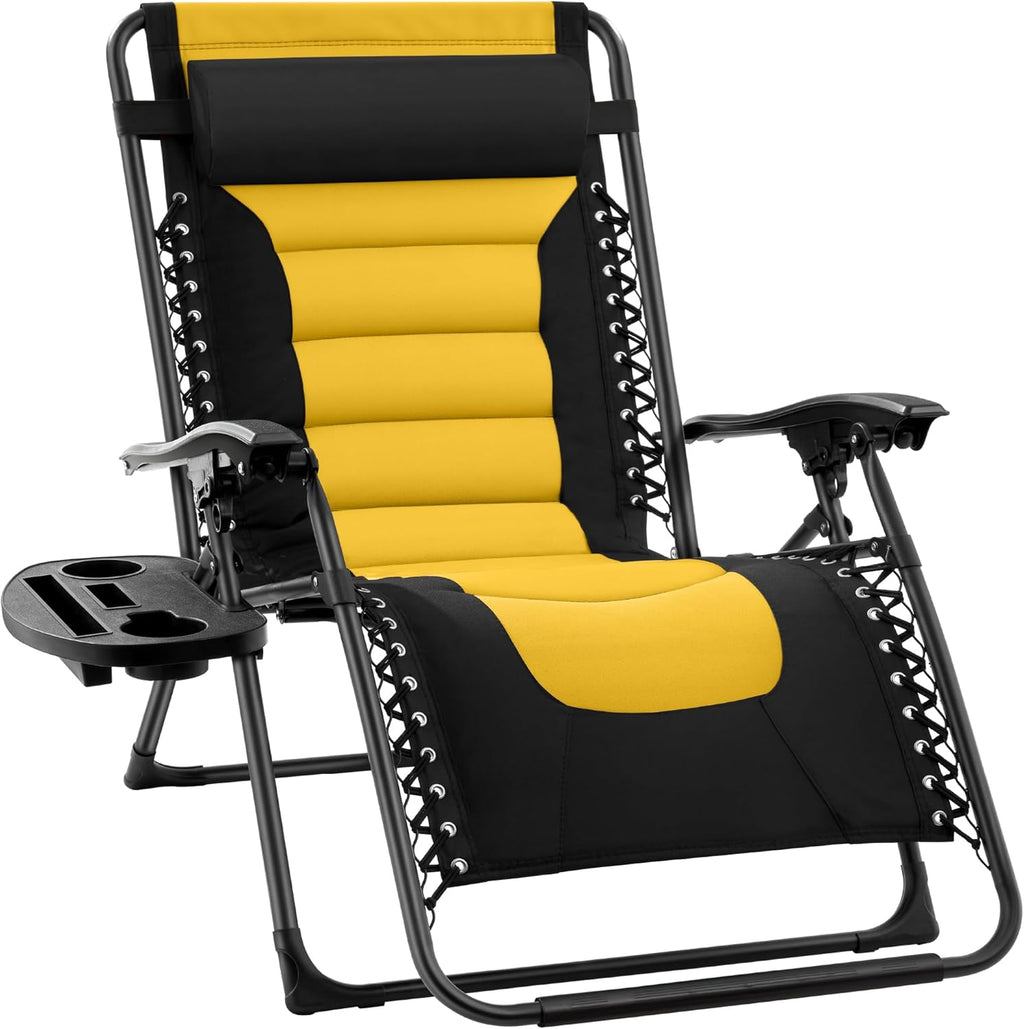 Oversized Padded Zero Gravity Chair, Folding Outdoor Patio Recliner, XL Anti Gravity Lounger for Backyard w/Headrest, Cup Holder, Side Tray, Polyester Mesh - Black/Yellow
