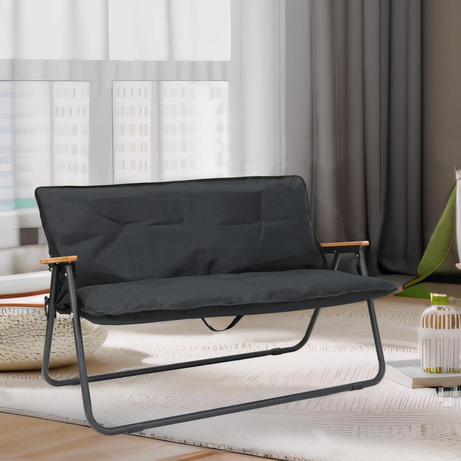 Loveseat Camping Chair with Detachable Cushion, Folding Double Camping Chair with Armrests for Outdoor Fishing Travel Lawn Patio (Black)