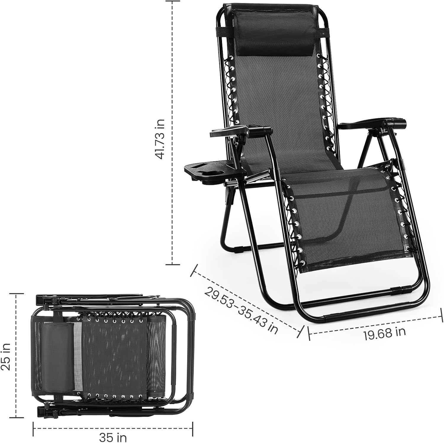Zero Gravity Chairs, Set of 2 Portable Recliner Beach Camping Patio Outdoor Folding Lounge Chair with Cup Holder Trays and Adjustable Pillow for Poolside, Garden, Backyard, Lawn (Black)
