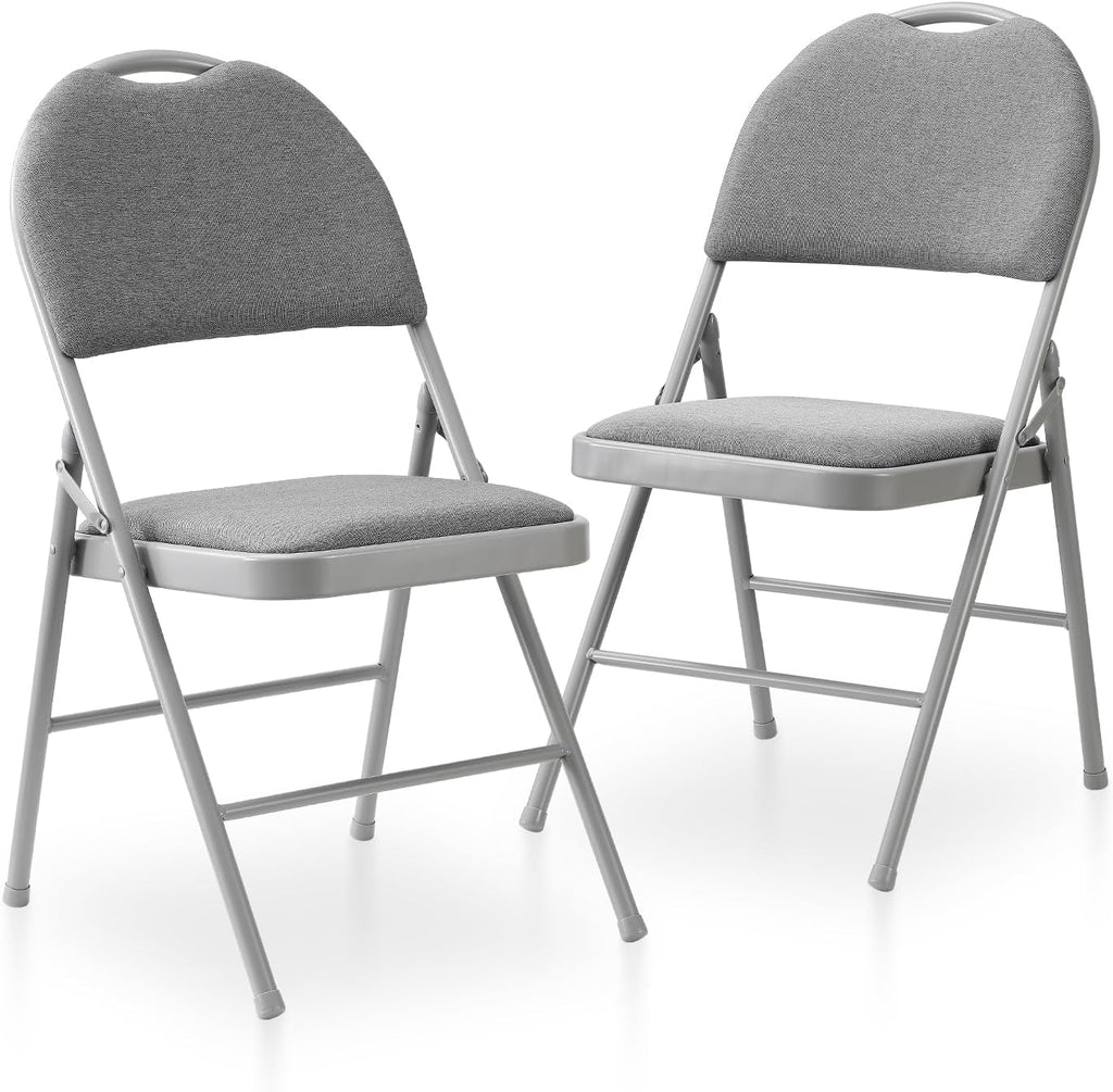 Folding Chairs Set of 2, Heavy Duty Metal Folding Chairs with Padded Fabric Seats, Big Backrest Foldable Chair for Outdoor & Indoor & Dining & Party, Grey
