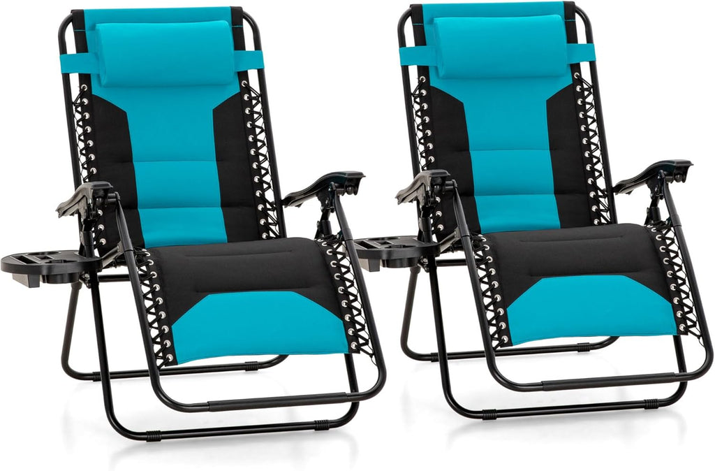 Padded Zero Gravity Chair Set of 2, Folding Patio Lounge Recliner with Adjustable Pillows & Cup Holder for Poolside Backyard, Support 400lbs(Pacific Blue)