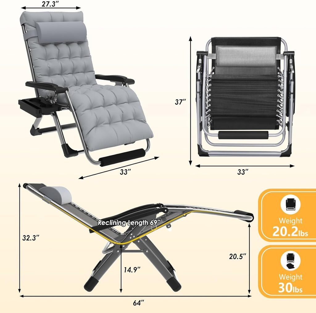 Oversized Zero Gravity Chairs XXL, 33In Padded Zero Gravity Lounge Chair, Lawn Recliner, Folding Patio Reclining Chair w/Aluminum Alloy Lock, Headrest, Cup Holder, Support 500lbs, Grey