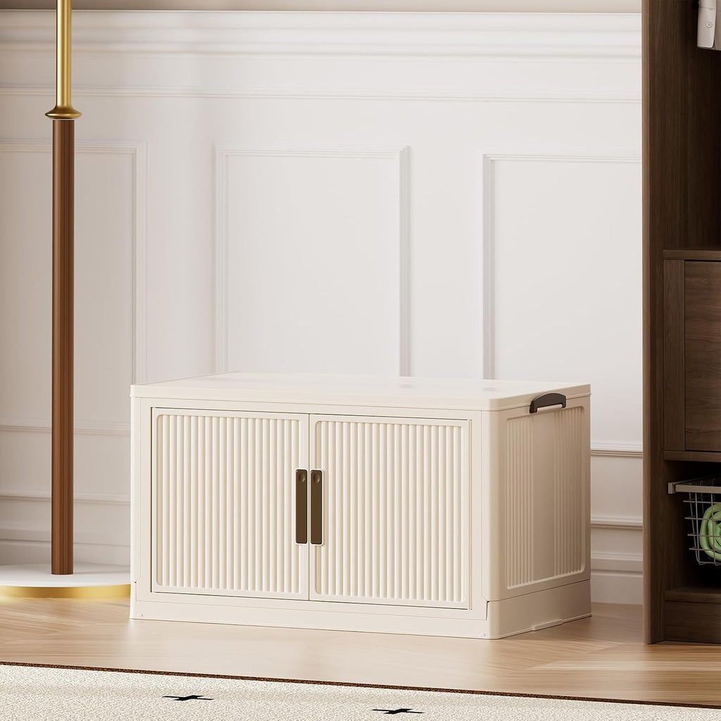 Stackable Storage Bins with Lid 11Gal/44QT Plastic Collapsible Storage Cabinet 1 Tier Foldable clothes Organizers and Storage bins with Wheels and Doors for Home Office White