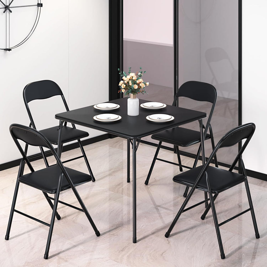 Folding Card Table and Chair Set of 5 Foldable with Padded Upholstery Tabletop, Metal, Black