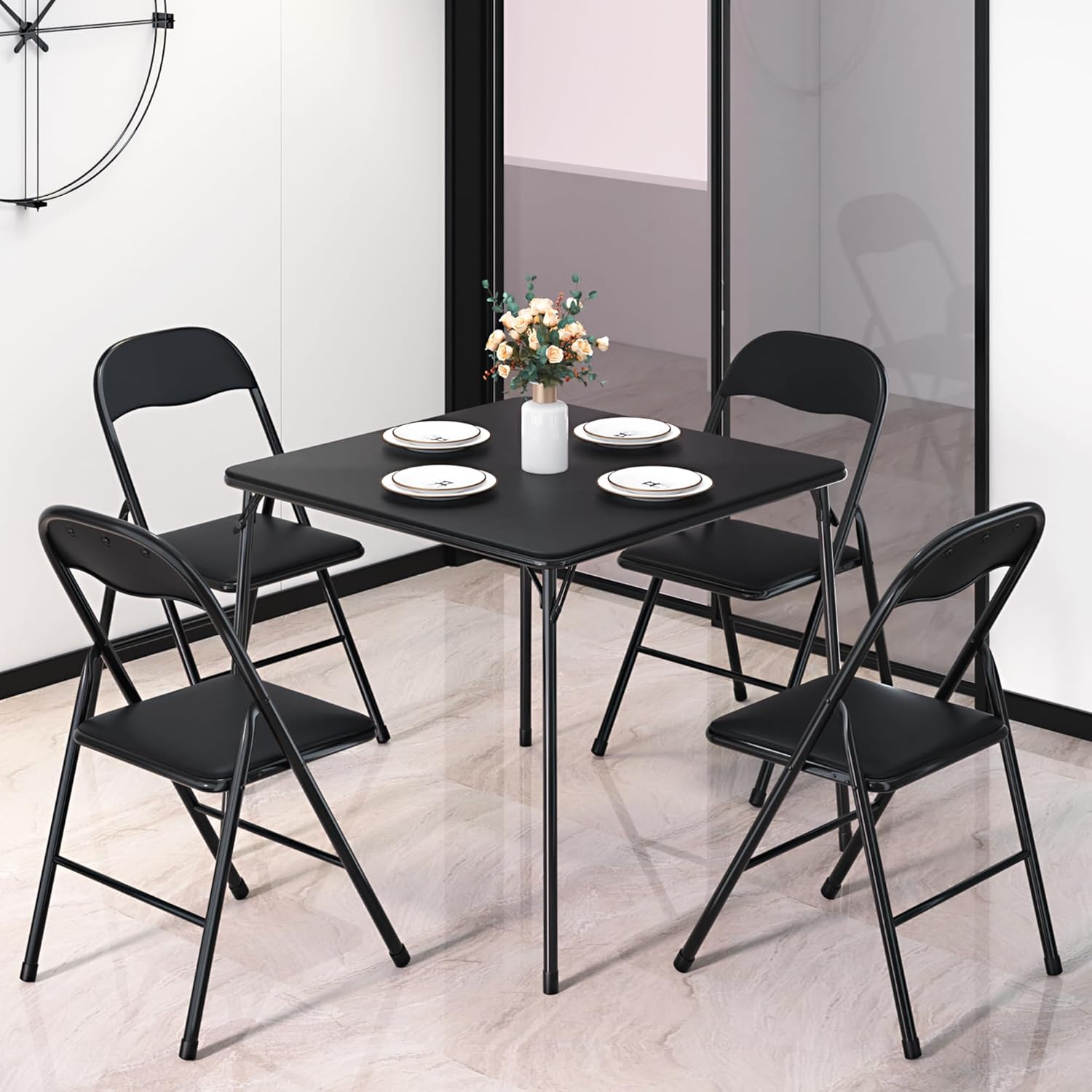 Folding Card Table and Chair Set of 5 Foldable with Padded Upholstery Tabletop, Metal, Black