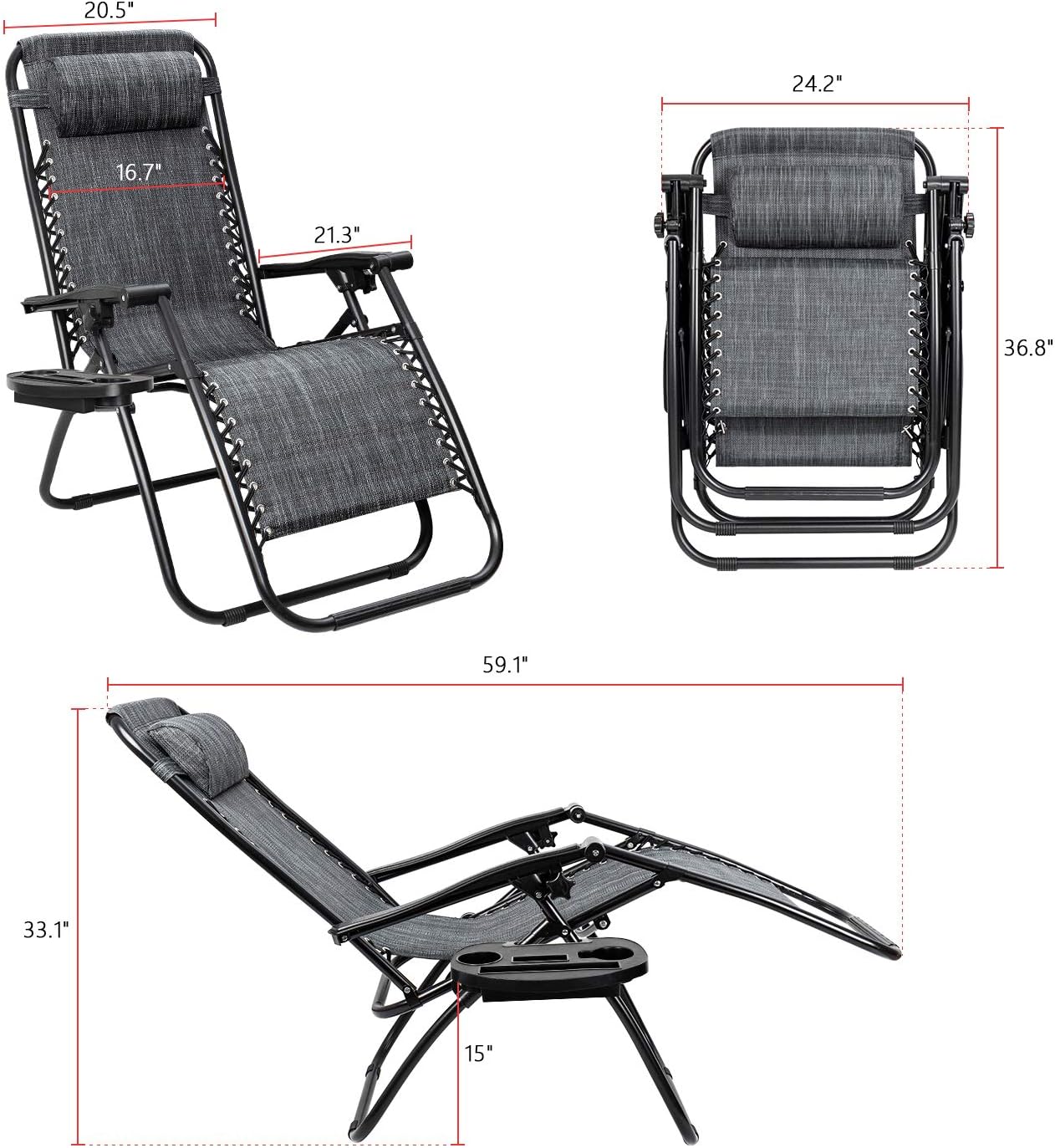 Patio Zero Gravity Chair Outdoor Folding Lounge Chair Recliners Adjustable Lawn Lounge Chair with Pillow for Poolside, Yard and Camping (Grey)
