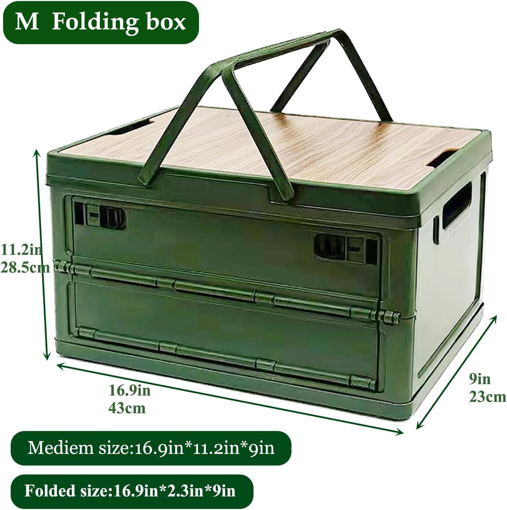 Foldable Storage Box with Wood-Pattern Lid — Fashionable and lightweight PP base, ideal for camping, daily items, snacks, clothing storage, A space-saving organizer with handles.