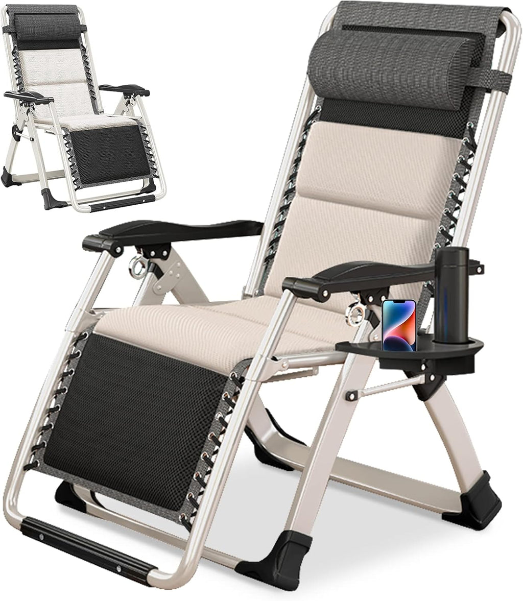 Padded Zero Gravity Chair, Folding Outdoor Lounge Chairs, Adjustable Reclining Camping Chairs with Cup Holder, Ergonomic Patio Lawn Chair for Balcony Beach Deck Yard