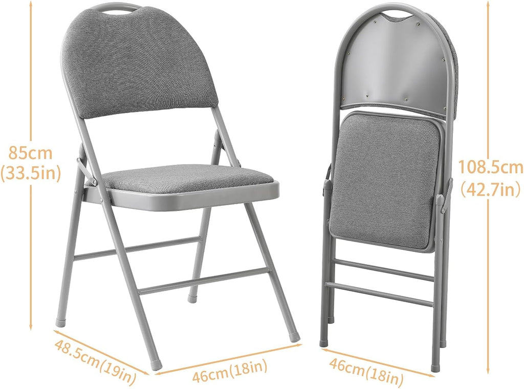 Folding Chairs Set of 2, Heavy Duty Metal Folding Chairs with Padded Fabric Seats, Big Backrest Foldable Chair for Outdoor & Indoor & Dining & Party, Grey