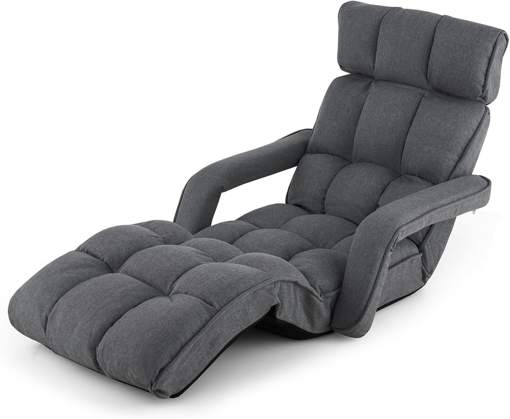 Foldable Floor Lazy Sofa, Indoor Chaise Lounge Sofa with 6 Adjustable Positions, Folding Chair Bed with Adjustable Armrests, Backrest & Footrest, Ideal for Living Room, Bedroom (Dark Grey)