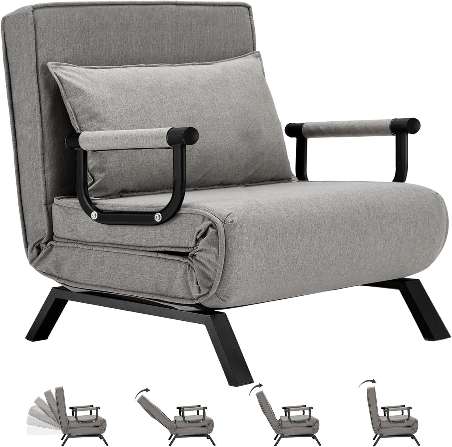 Convertible Bed Sleeper Chair,Tri-fold Upholstered Armchair Sleeper with Pillow,Folding Leisure Chaise Lounge Couch,6 Angle Adjustable Backrest Single Lazy Bed for Office (Gray, Regular)