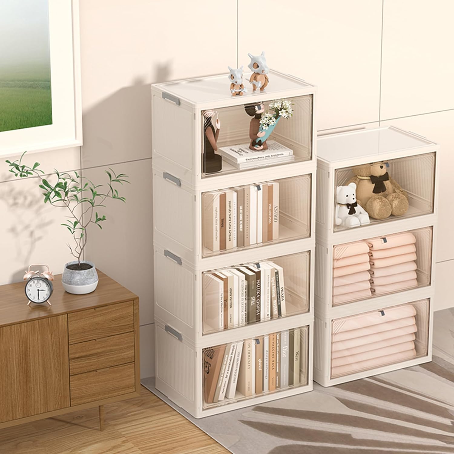 Foldable Plastic Storage Boxes, High Capacity Storage Boxes with Lid, Stackable Storage Organiser, Durable Grocery Storage, for Bedroom, Living Room, Wardrobe, Office