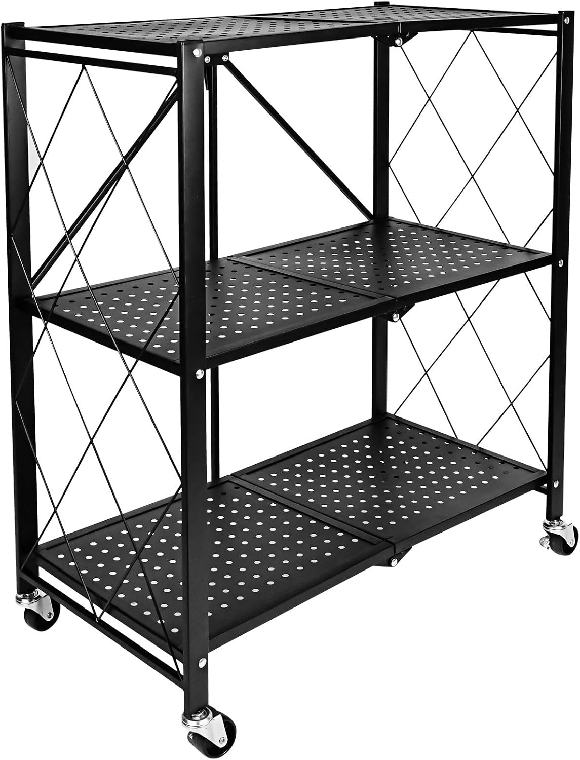 3-Tier Foldable Metal Shelves Heavy Duty Storage Shelving Unit with Wheels, Organizer Shelves for Garage Kitchen, Black