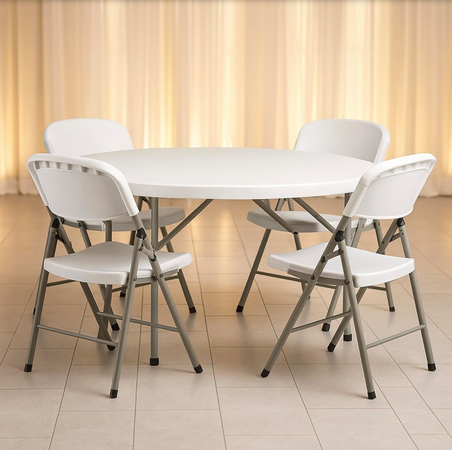 Round Granite White Folding Table Set with 4 Folding Chairs, Heavy-Duty Blow Molded Plastic, Multiple Sizes (48" Table + 4 Chairs Set)