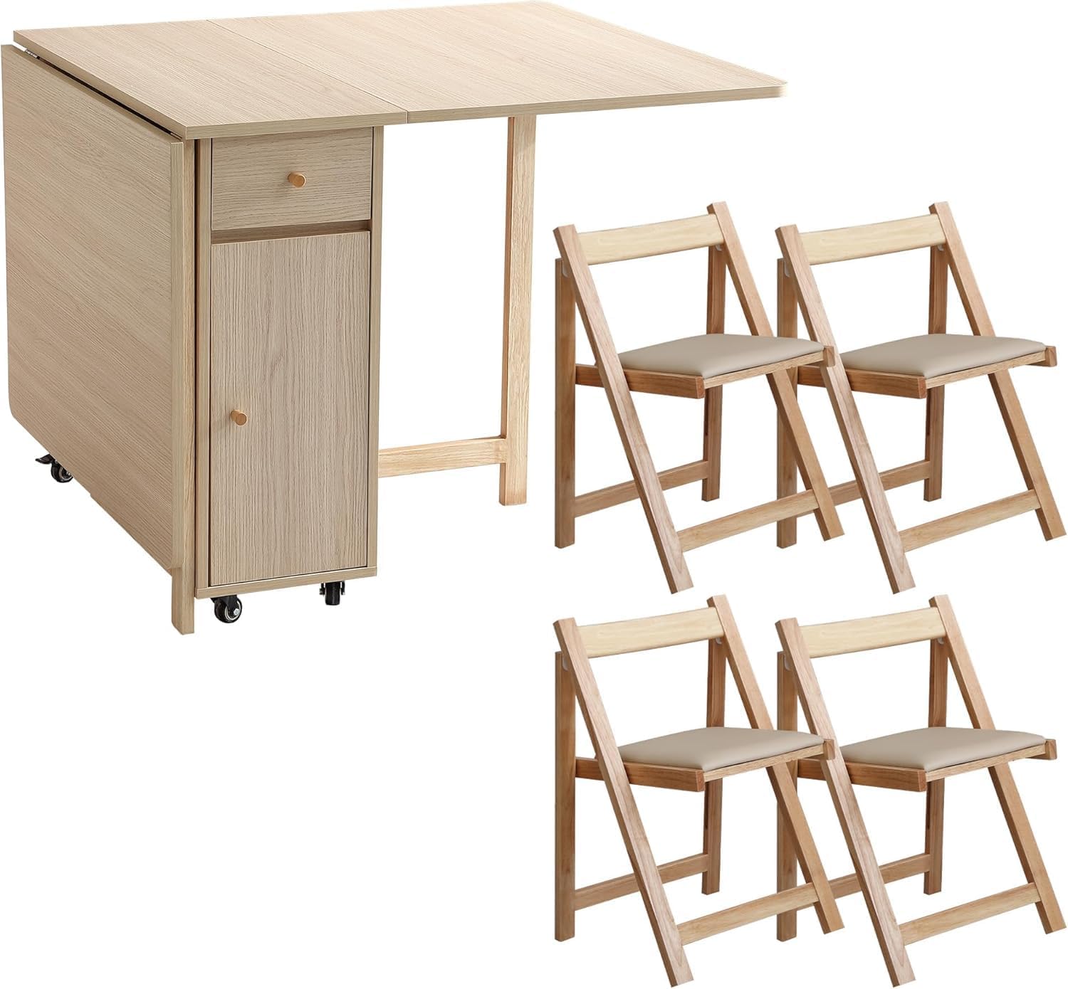 Wood Drop Leaf Folding Dining Table with 2 Drawers and 4 Wheels, Wooden Padded Chairs Set of 4, Space Saving Dining Table with 4 Chairs
