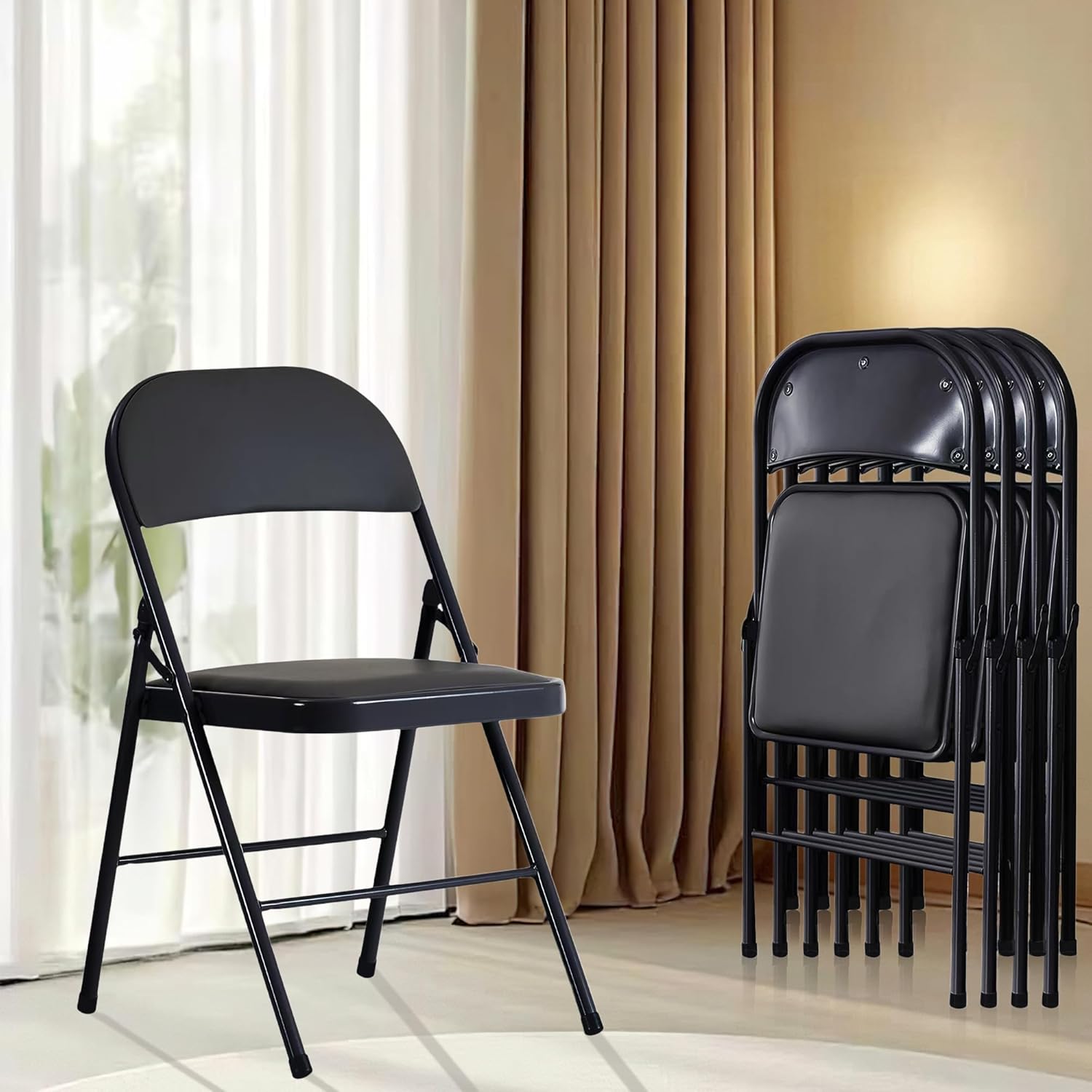 4 Pack Black Folding Chairs-330 LBS Capacity with Padded Cushion and Back, Portable Heavy Duty Metal Frame Commercial Seat, Foldable Indoor Outdoor Chairs for Office Kitchen Dining Party Events