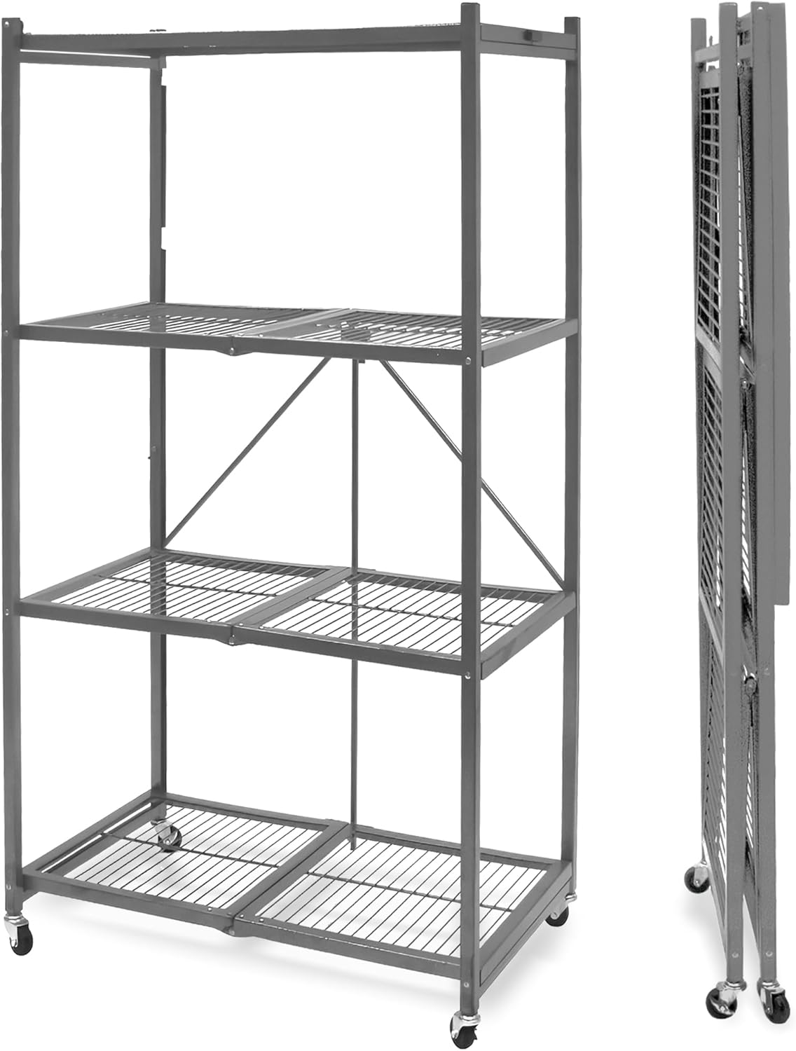 4-Shelf Heavy-Duty Folding Storage Rack, Pewter - Large Foldable Metal Shelving Unit with Wheels for Garage, Pantry, Basement, Laundry Room or Warehouse
