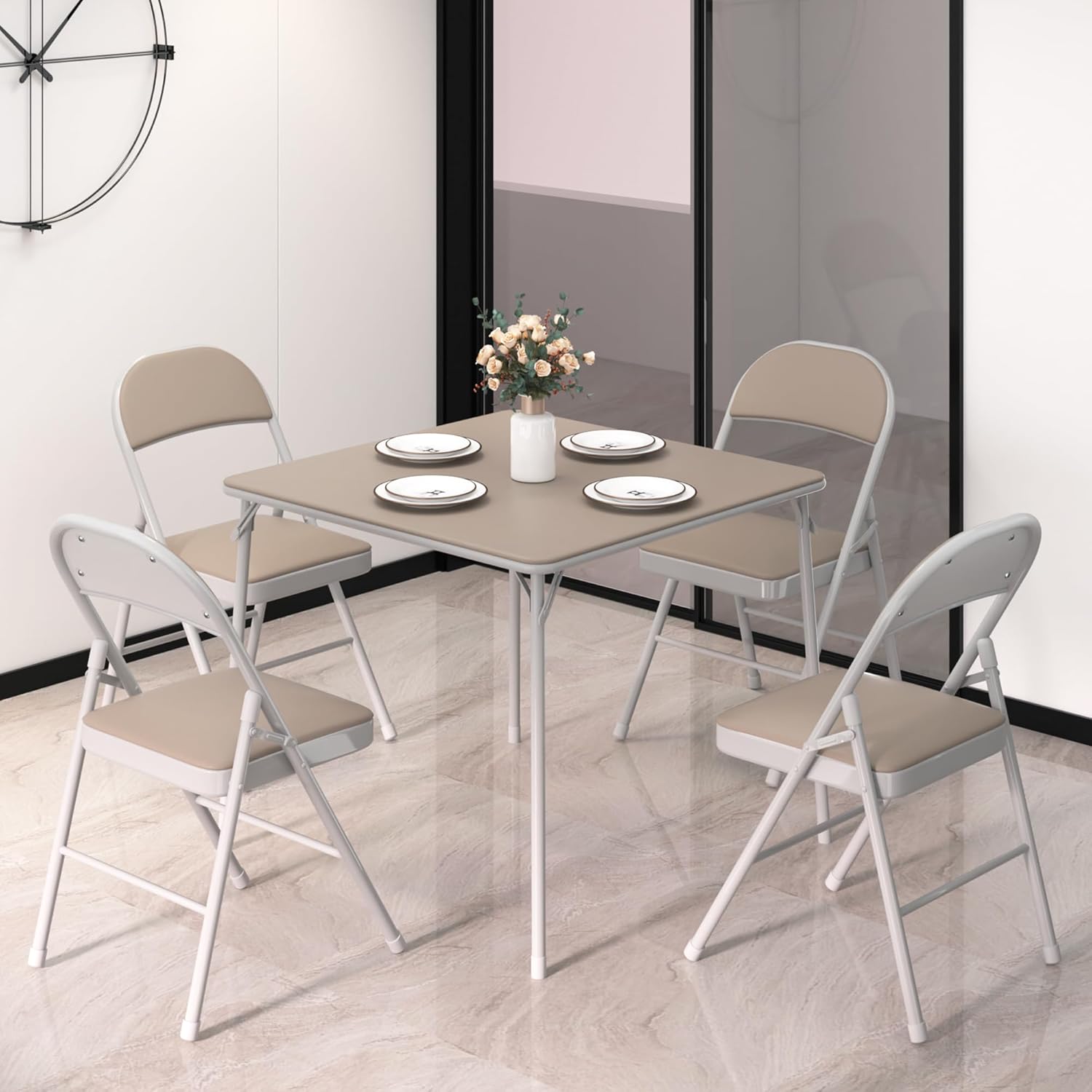 Portable Folding Card Table Square and Chair Set (5pc) with Collapsible Legs & Vinyl Upholstery, Metal, Beige