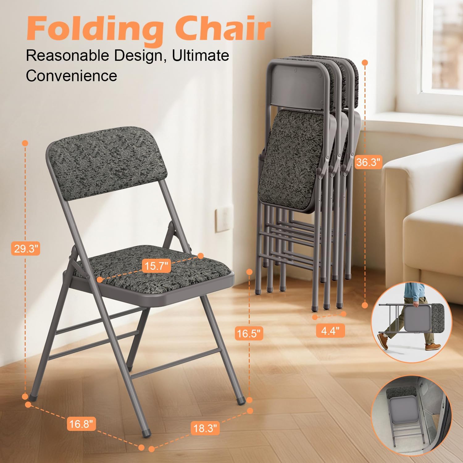 Commercial Grade Folding Chair with Padded Fabric Cushion（16"X16" |Double-hinged Legs Luxury Style|4.5kg Capacity Max Weight 150Kg for Home and Office,Indoor and Outdoor Events (2, Fabric-Grey)