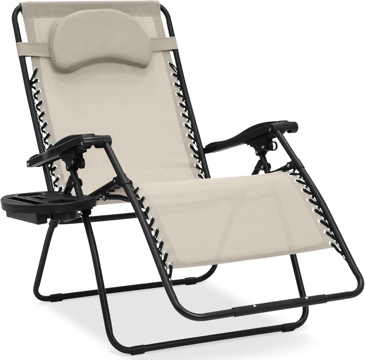 Oversized Zero Gravity Chair, Folding Outdoor Patio Lounge Recliner w/Cup Holder Accessory Tray, Pillow - Ivory